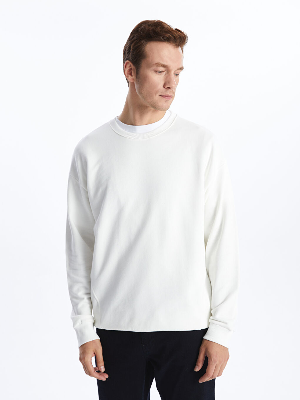 LCW ECO Ekru Bisiklet Yaka Uzun Kollu Erkek Sweatshirt - 1