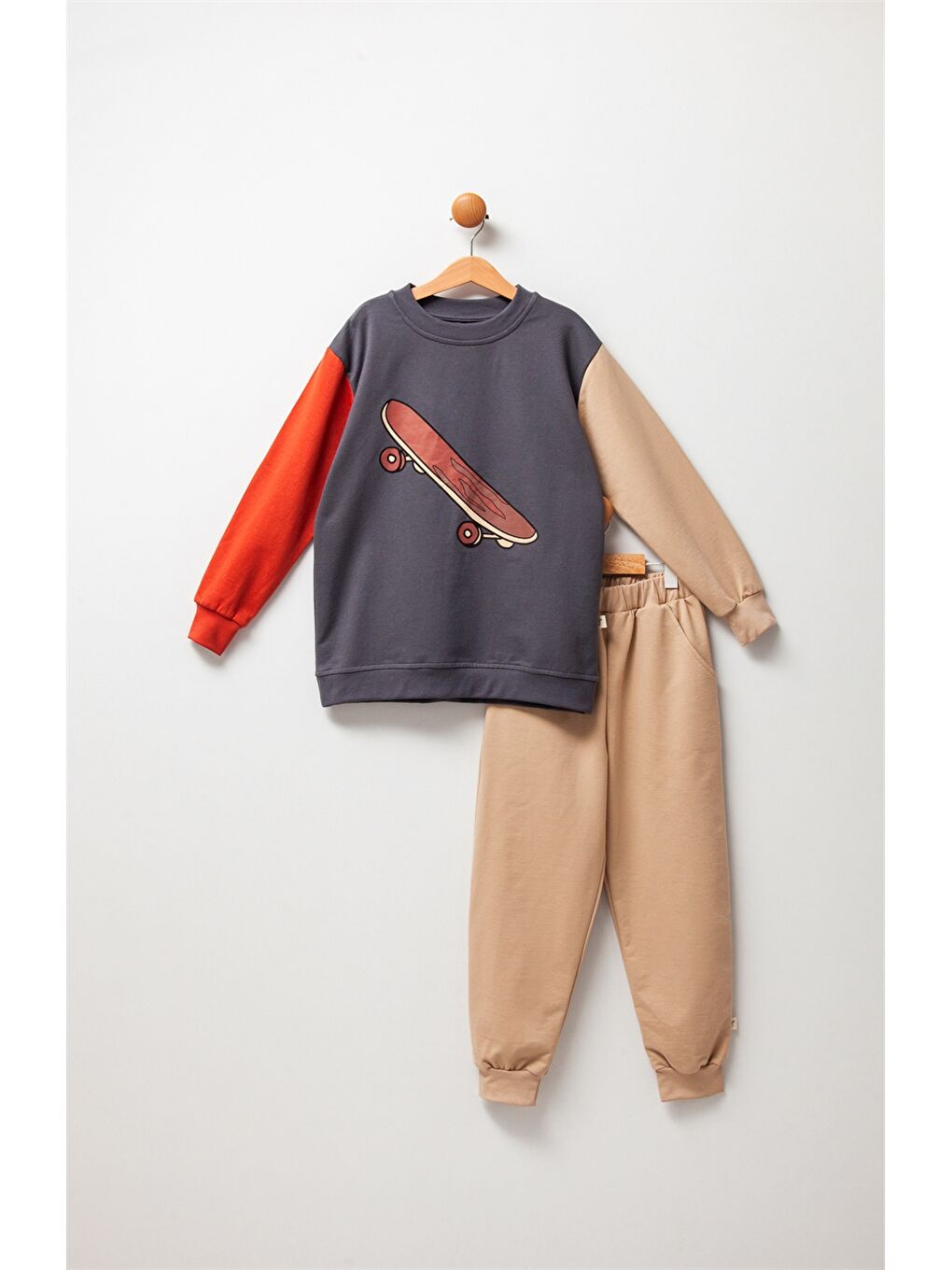 Bej Bisiklet Yaka Uzun Kollu Erkek Çocuk 2'li Takım