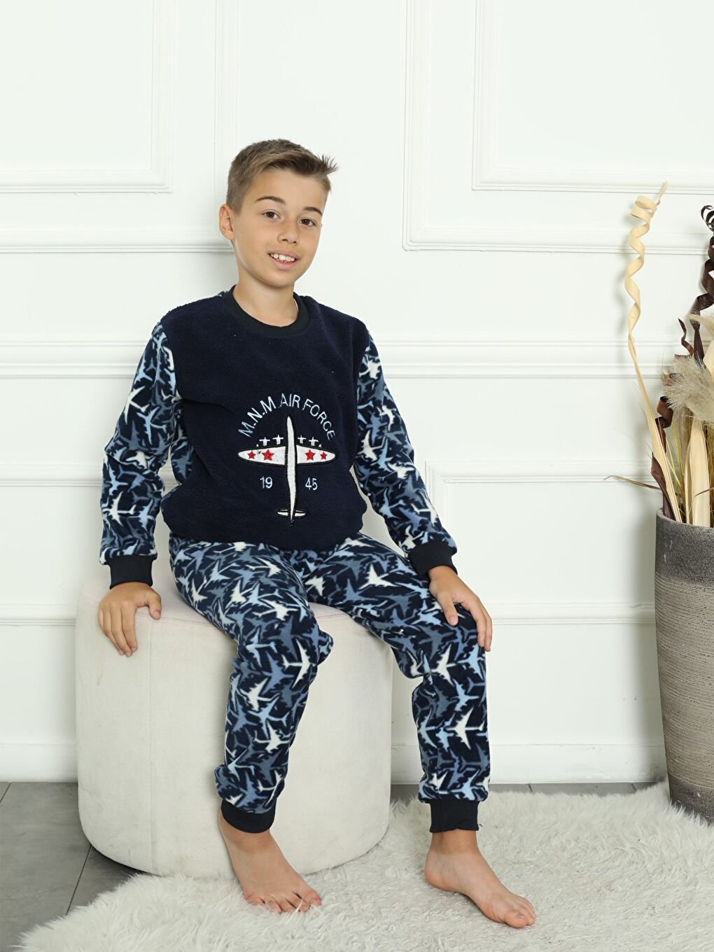 Lacivert Bisiklet Yaka Baskılı Uzun Kollu Erkek Çocuk Pijama Takımı