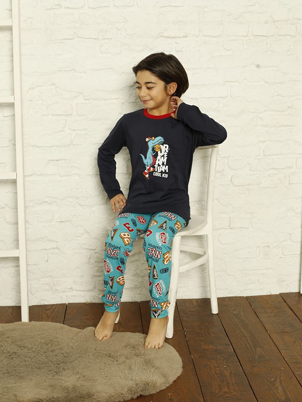 Lacivert Bisiklet Yaka Baskılı Uzun Kollu Erkek Çocuk Pijama Takım