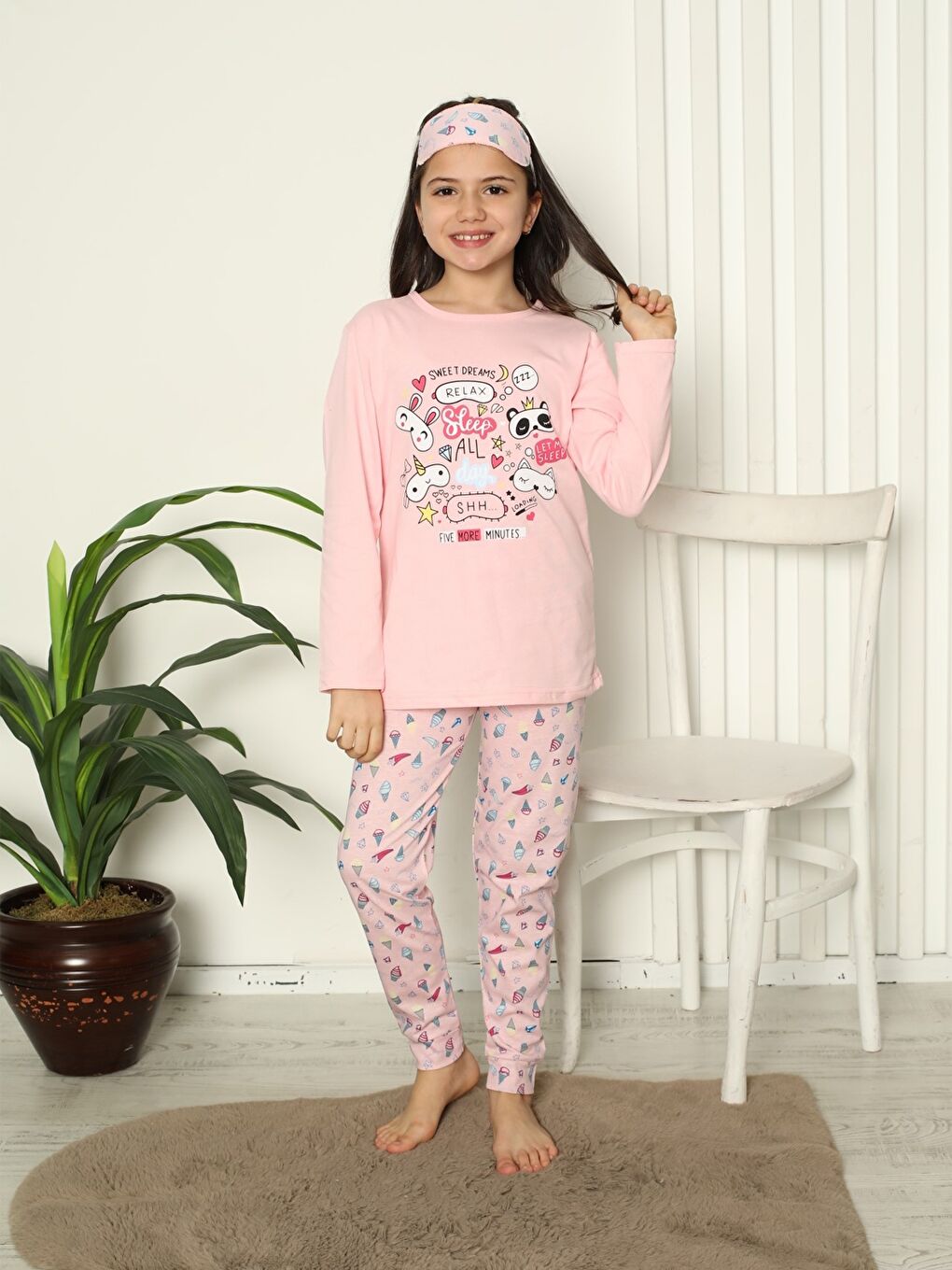 Pembe Bisiklet Yaka Baskılı Uzun Kollu Kız Çocuk Pijama Takımı
