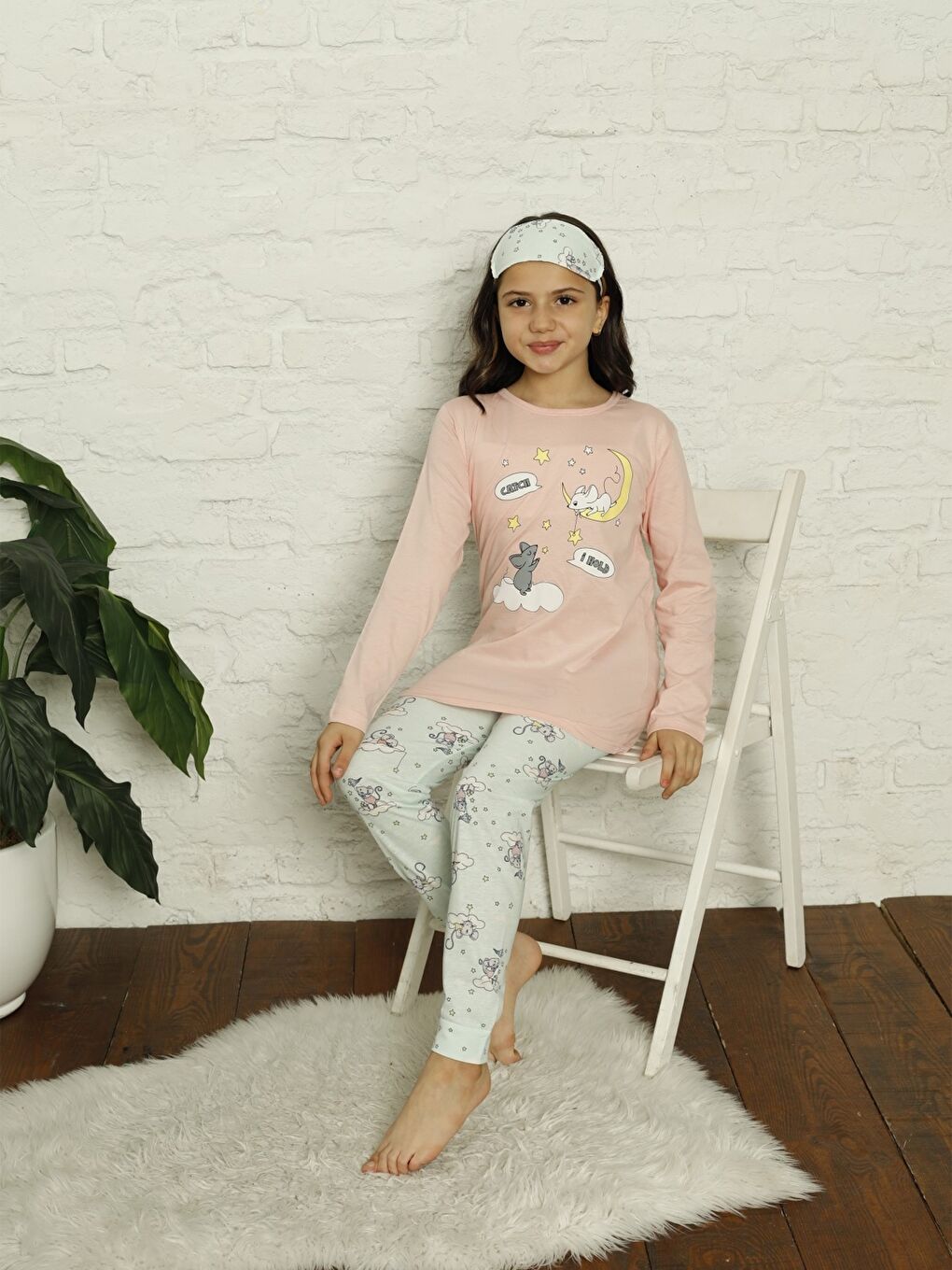 Turuncu Bisiklet Yaka Baskılı Uzun Kollu Kız Çocuk Pijama Takımı