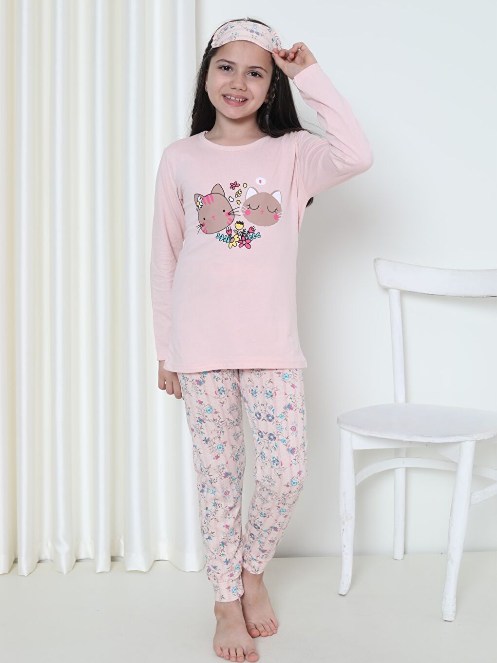 Pembe Bisiklet Yaka Baskılı Uzun Kollu Kız Çocuk Pijama Takımı