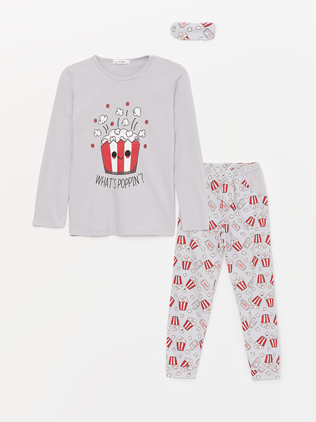 Gri Bisiklet Yaka Desenli Uzun Kollu Kız Çocuk Pijama Takımı