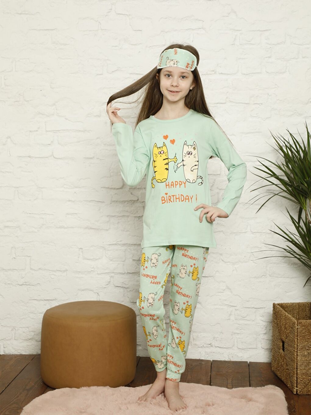 Yeşil Bisiklet Yaka Baskılı Uzun Kollu Kız Çocuk Pijama Takımı