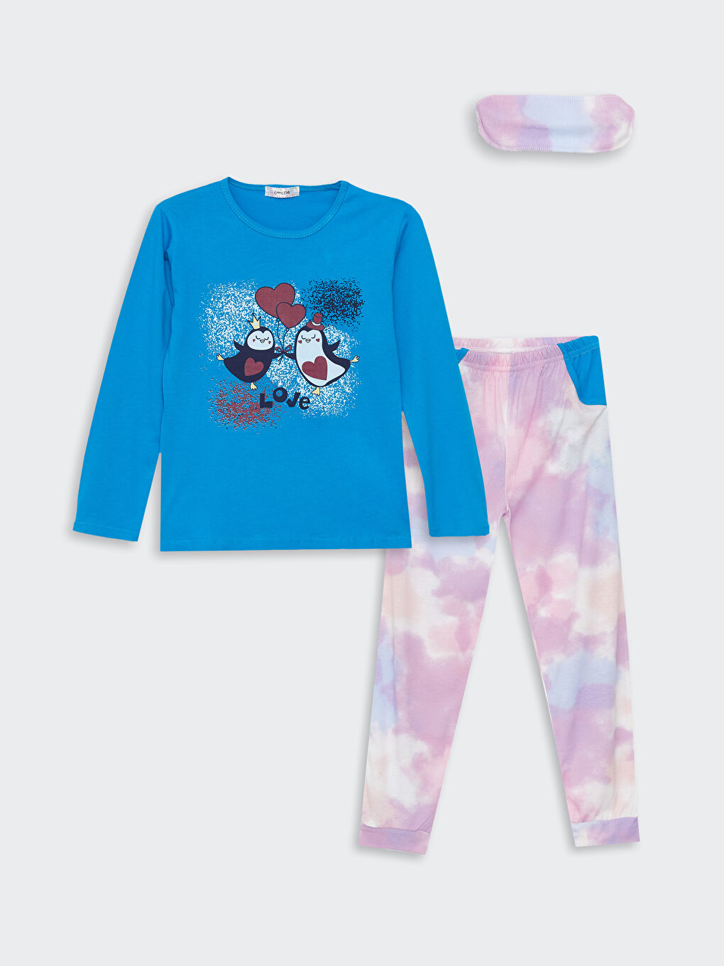 Mavi Bisiklet Yaka Baskılı Uzun Kollu Kız Çocuk Pijama Takımı