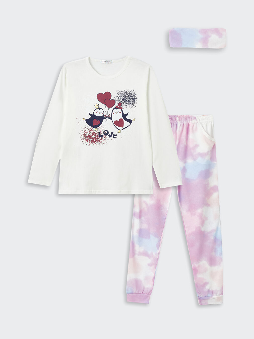 Ekru Bisiklet Yaka Baskılı Uzun Kollu Kız Çocuk Pijama Takımı