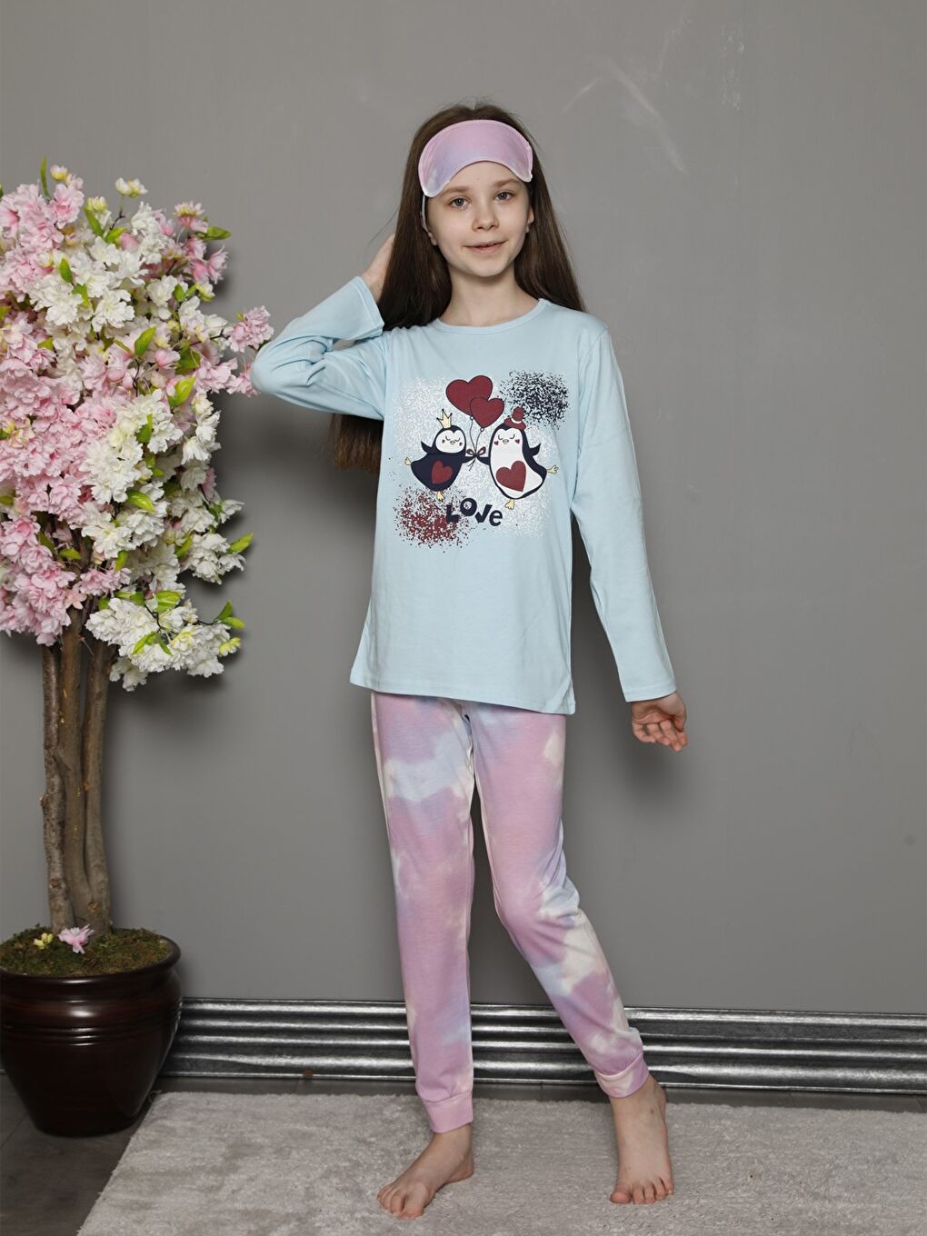 Turkuaz Bisiklet Yaka Baskılı Uzun Kollu Kız Çocuk Pijama Takımı