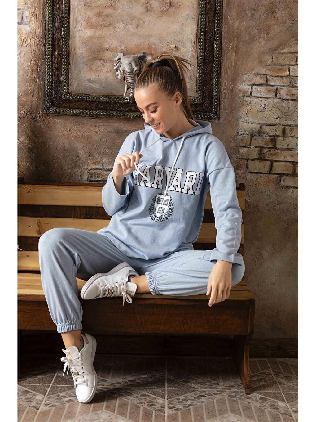 Mavi Baskılı Kapüşonlu Kadın Pijama Takım