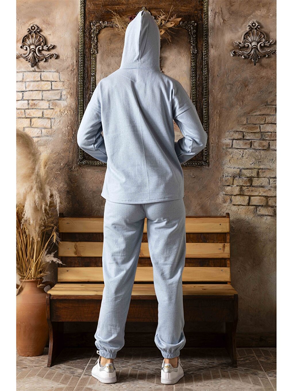 Mavi Baskılı Kapüşonlu Kadın Pijama Takım-2