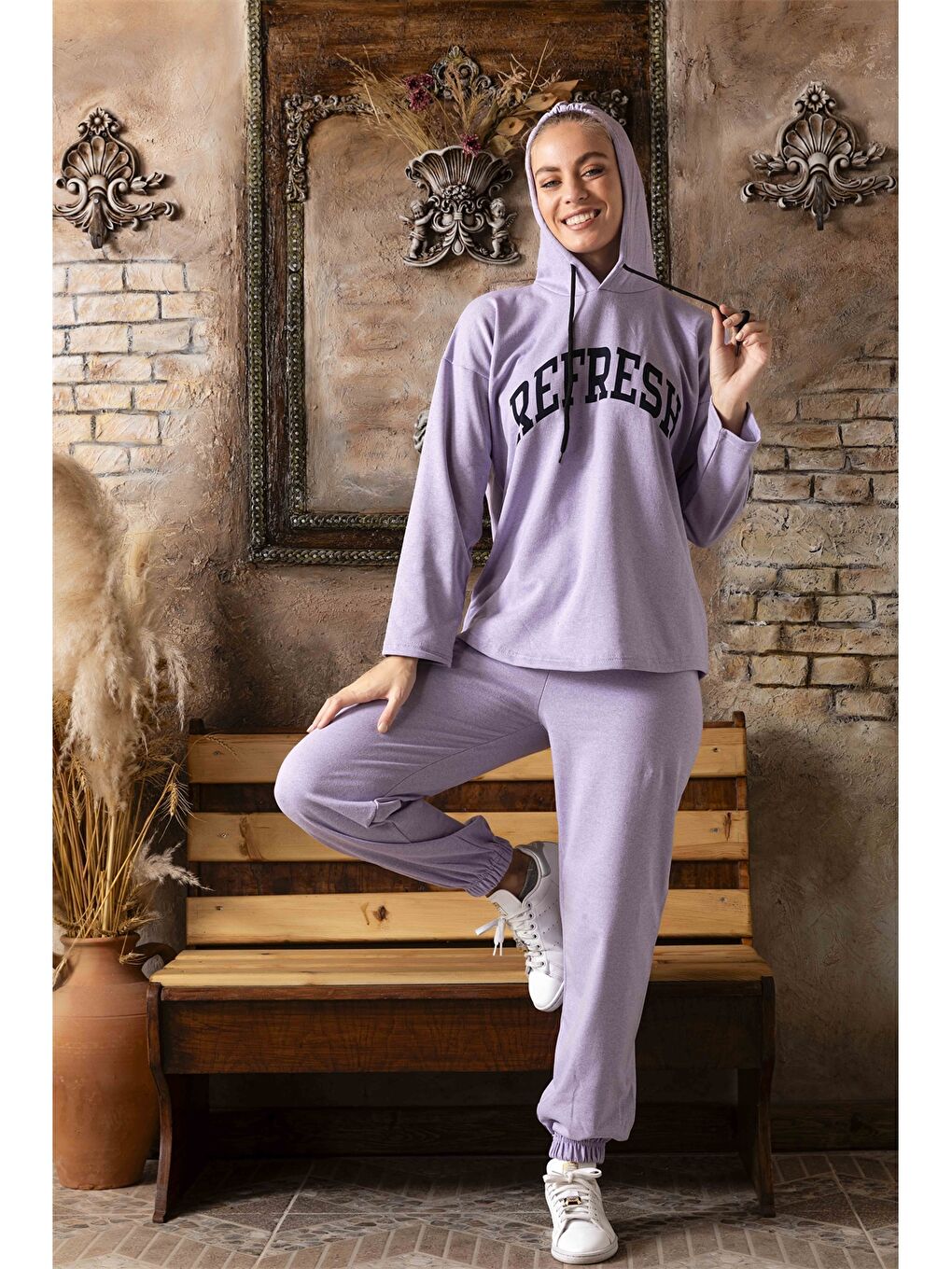 Lila Kapüşonlu Kadın Pijama Takım