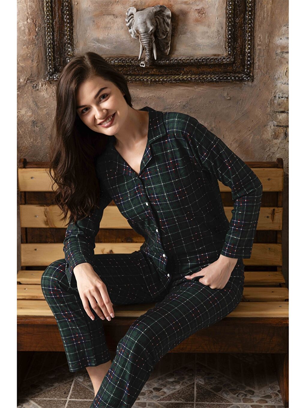 Yeşil Gömlek Yaka Kadın Pijama Takımı-1