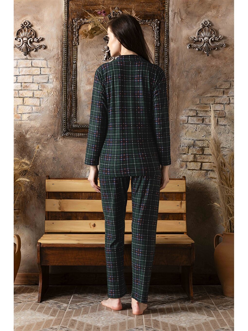 Yeşil Gömlek Yaka Kadın Pijama Takımı-2