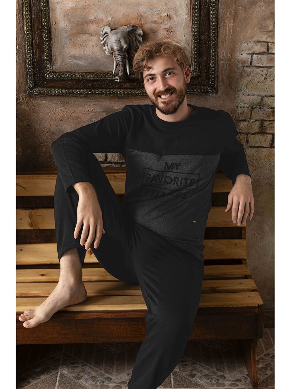 Siyah Standart Kalıp Erkek Pijama Takımı