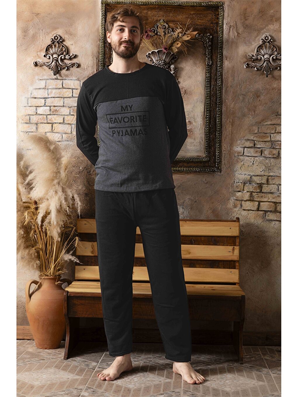 Siyah Standart Kalıp Erkek Pijama Takımı-1