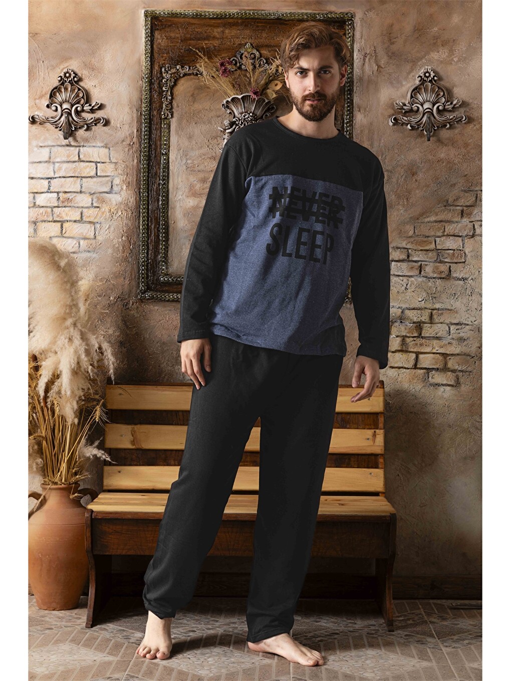 Siyah Standart Kalıp Erkek Pijama Takımı-1