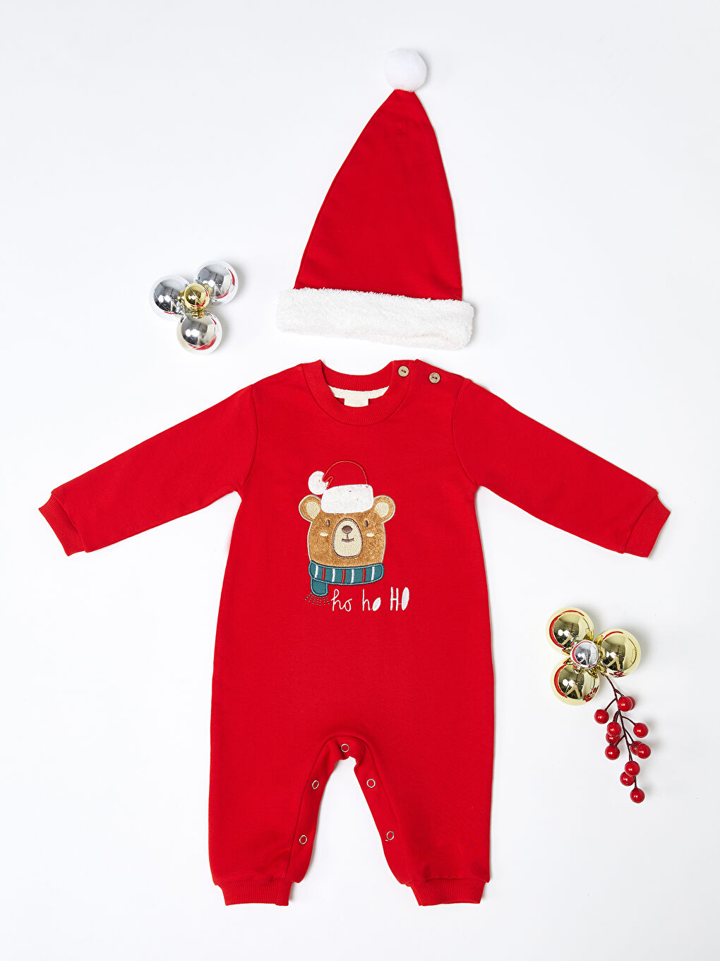 Kırmızı Bisiklet Yaka Uzun Kollu Yılbaşı Temalı Erkek Bebek Tulum ve Şapka