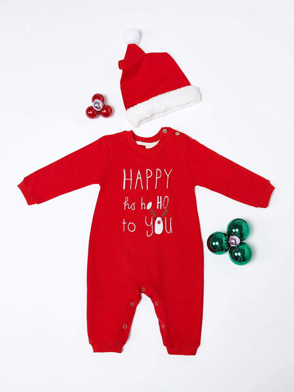 Kırmızı Bisiklet Yaka Uzun Kollu Yılbaşı Temalı Erkek Bebek Tulum ve Şapka