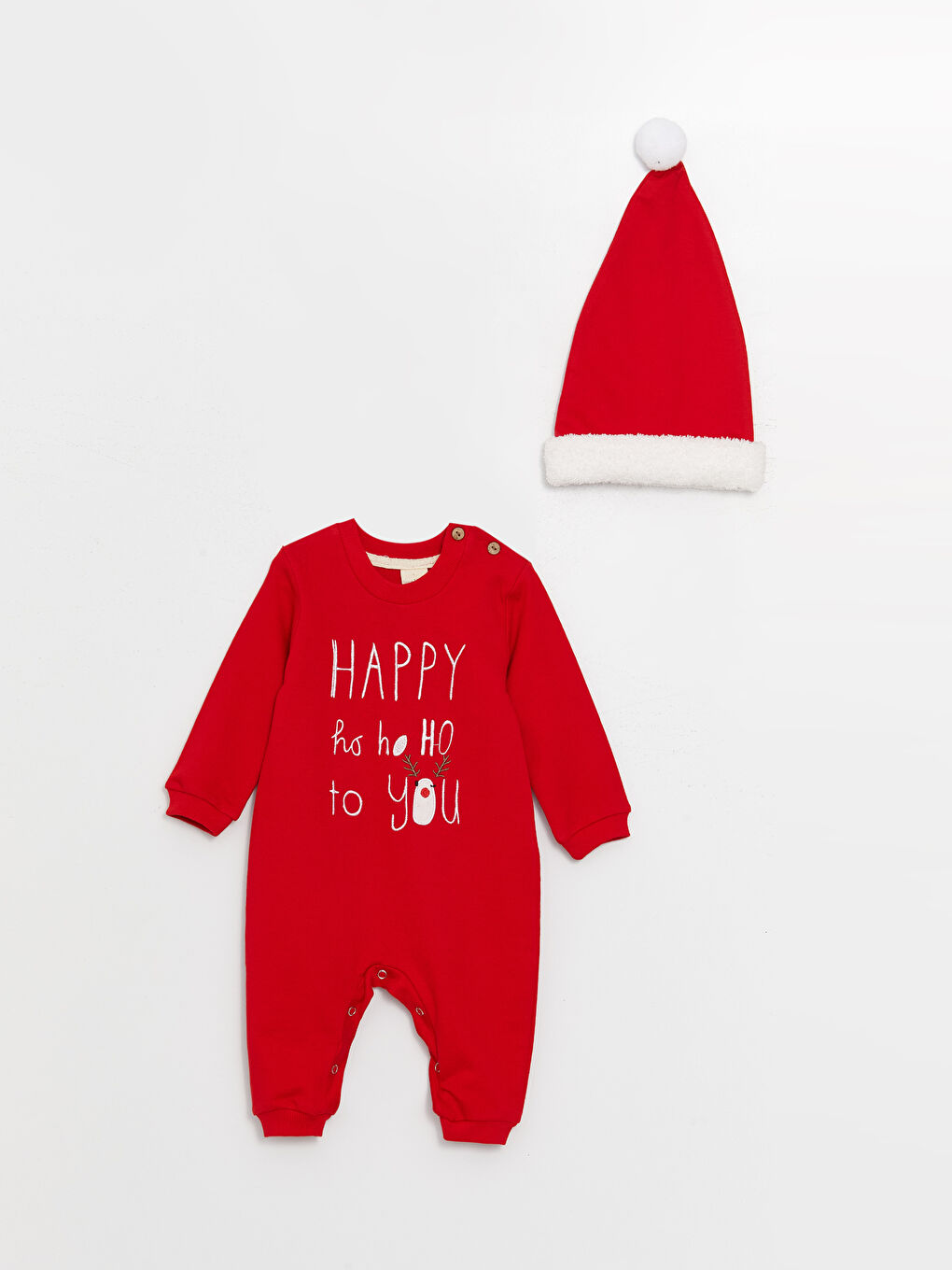 Kırmızı Bisiklet Yaka Uzun Kollu Yılbaşı Temalı Erkek Bebek Tulum ve Şapka-1
