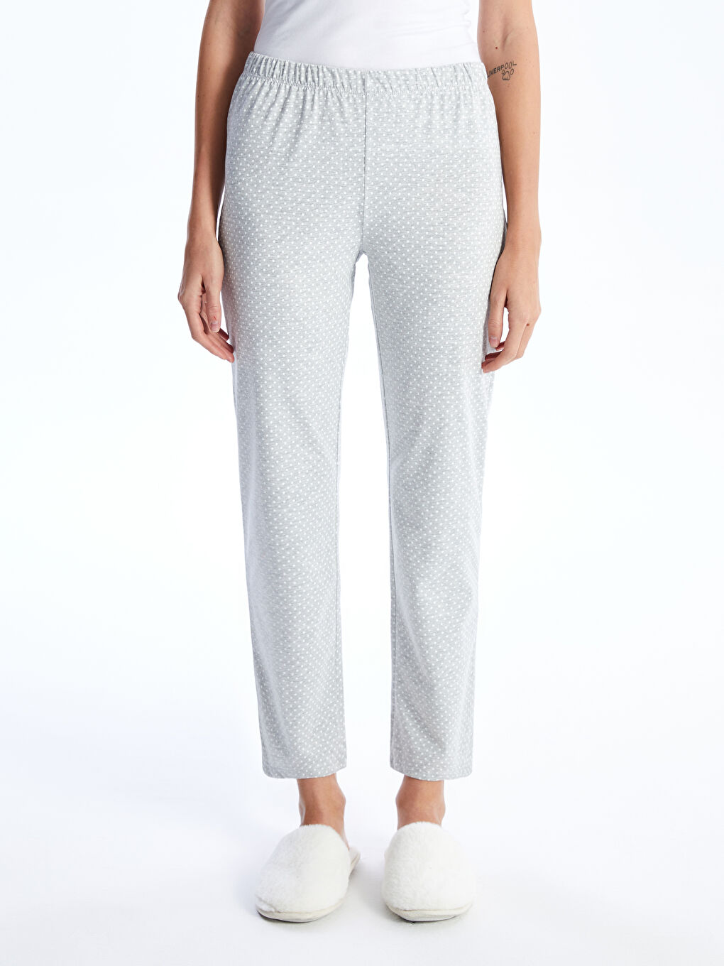 Gri Beli Lastikli Puantiyeli Kadın Pijama Altı-2