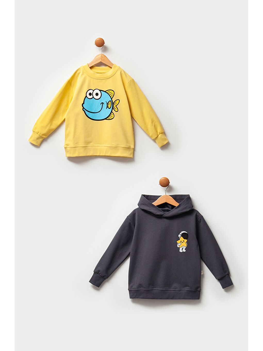 Sarı Uzun Kollu Baskılı Erkek Bebek Sweatshirt 2'li