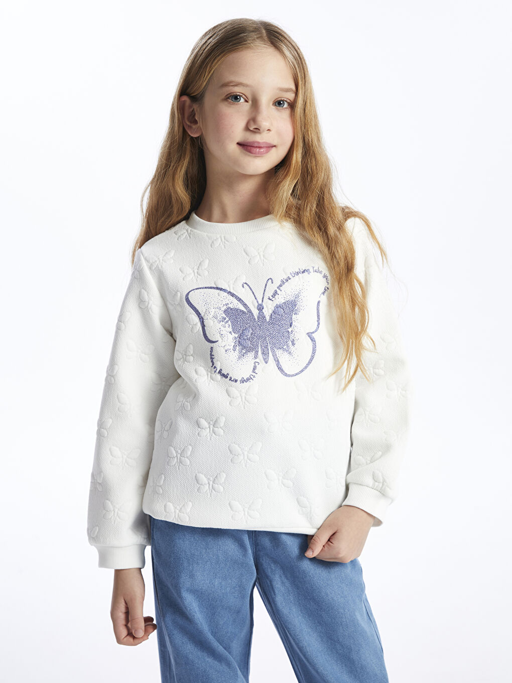 Beyaz Bisiklet Yaka Baskılı Uzun Kollu Kız Çocuk Sweatshirt