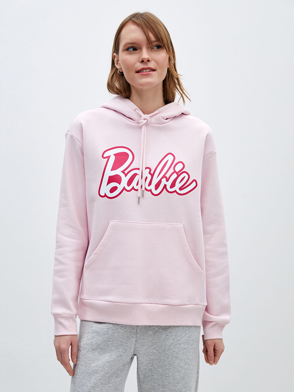 Pembe Barbie Baskılı Uzun Kollu Kadın Hoodie