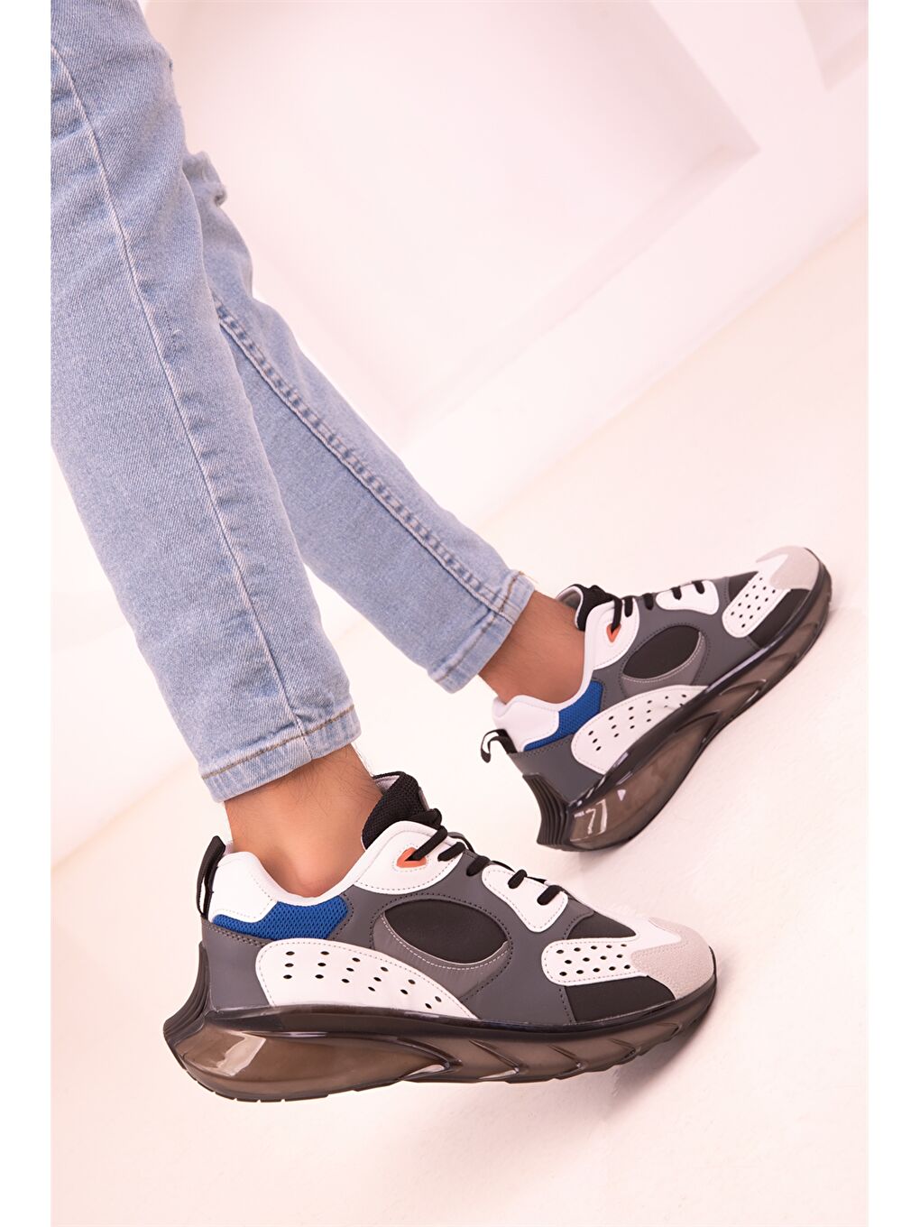 Beyaz Deri Görünümlü Renk Bloklu Erkek Aktif Spor Ayakkabı-4