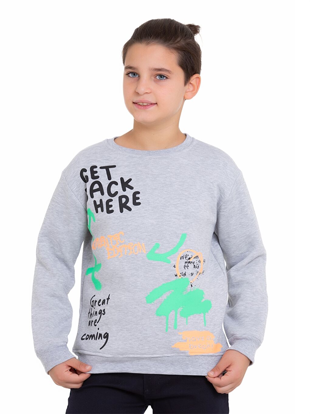 Gri Bisiklet Yaka Uzun Kollu Erkek Çocuk Sweatshirt-1