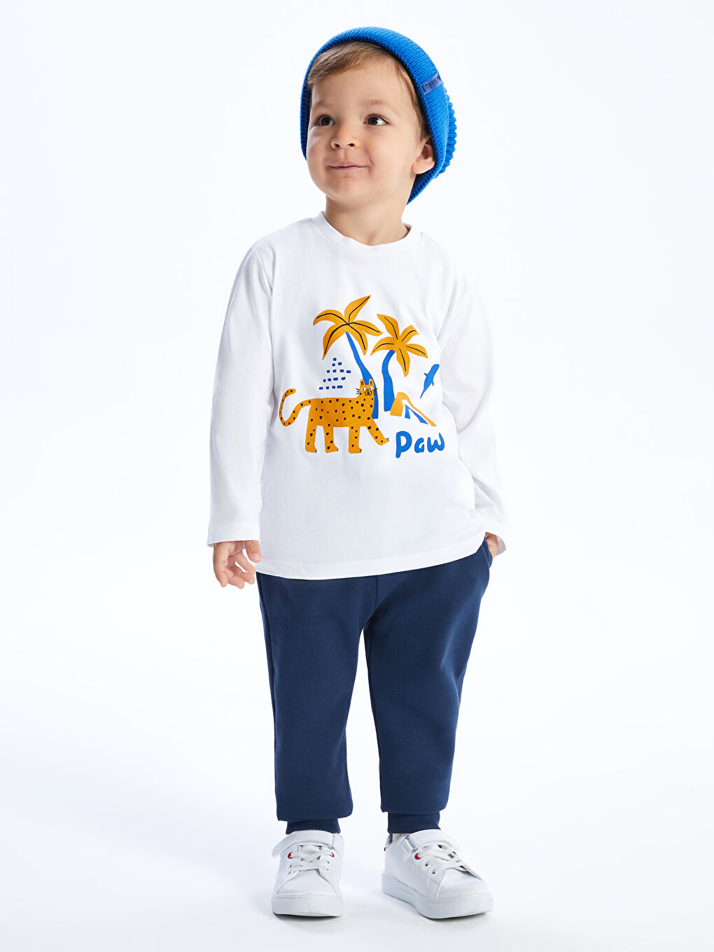 Beyaz Bisiklet Yaka Uzun Kollu Baskılı Erkek Bebek Tişört-1