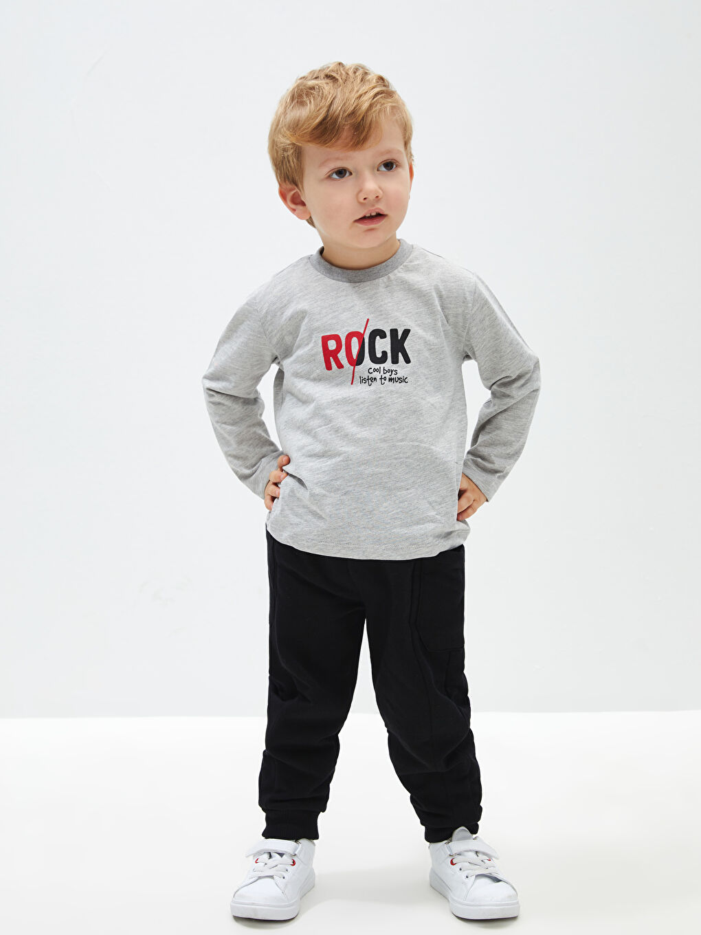 Gri Bisiklet Yaka Baskılı Uzun Kollu Erkek Bebek Tişört-1