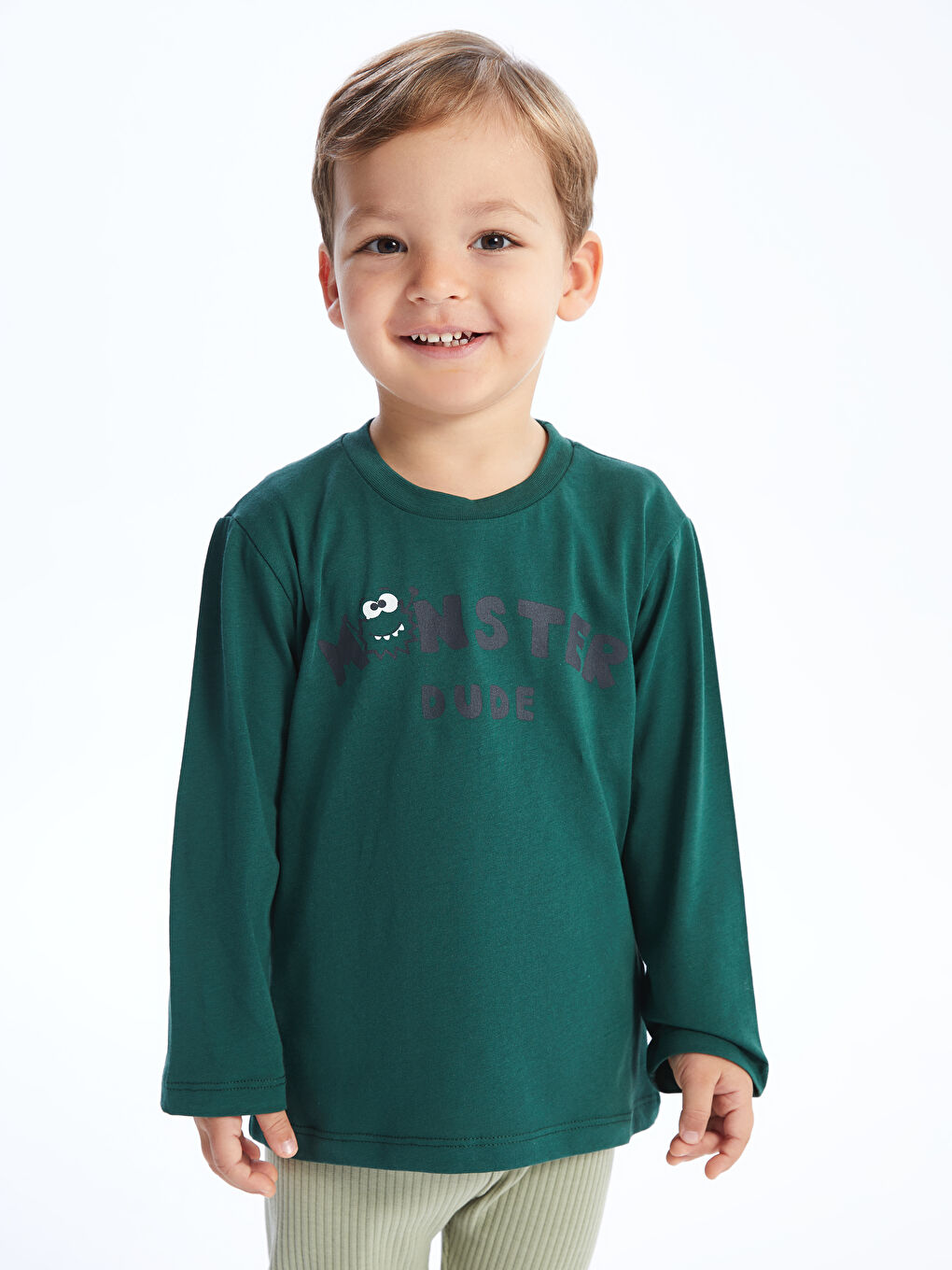 Yeşil Bisiklet Yaka Baskılı Uzun Kollu Erkek Bebek Tişört-1