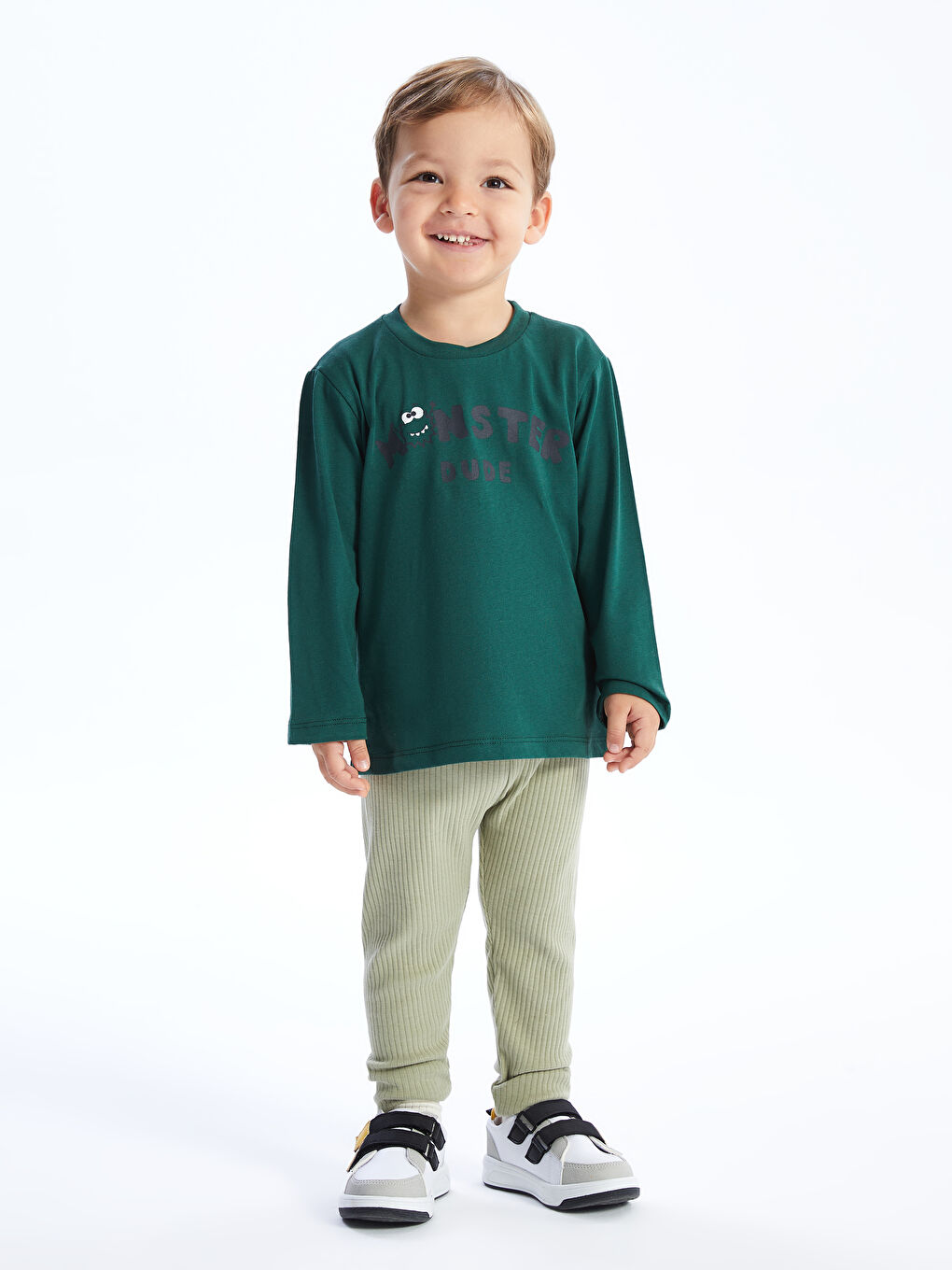 Yeşil Bisiklet Yaka Baskılı Uzun Kollu Erkek Bebek Tişört-2