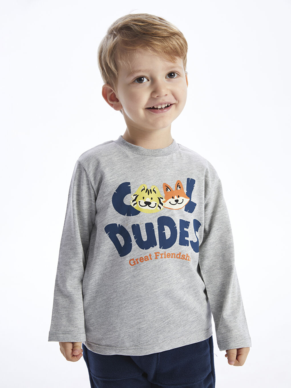 Gri Bisiklet Yaka Baskılı Uzun Kollu Erkek Bebek Tişört