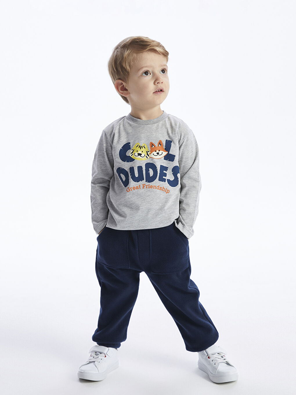 Gri Bisiklet Yaka Baskılı Uzun Kollu Erkek Bebek Tişört-1