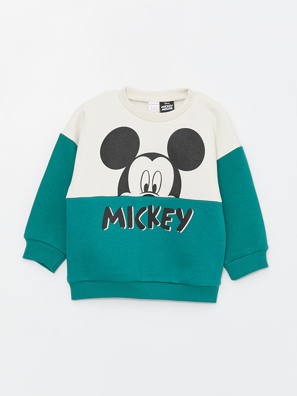 LCW baby Orta Yeşil Bisiklet Yaka Uzun Kollu Mickey Mouse Baskılı Erkek Bebek Sweatshirt ve Eşofman Alt 2'li Takım - 1