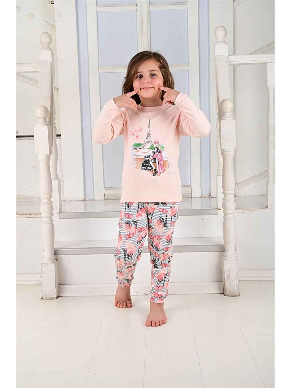 Turuncu Bisiklet Yaka Kız Çocuk Pijama Takım-1