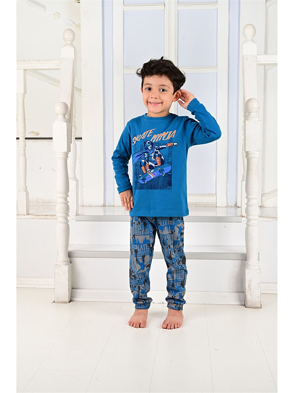 Petrol Bisiklet Yaka Erkek Bebek Pijama Takımı