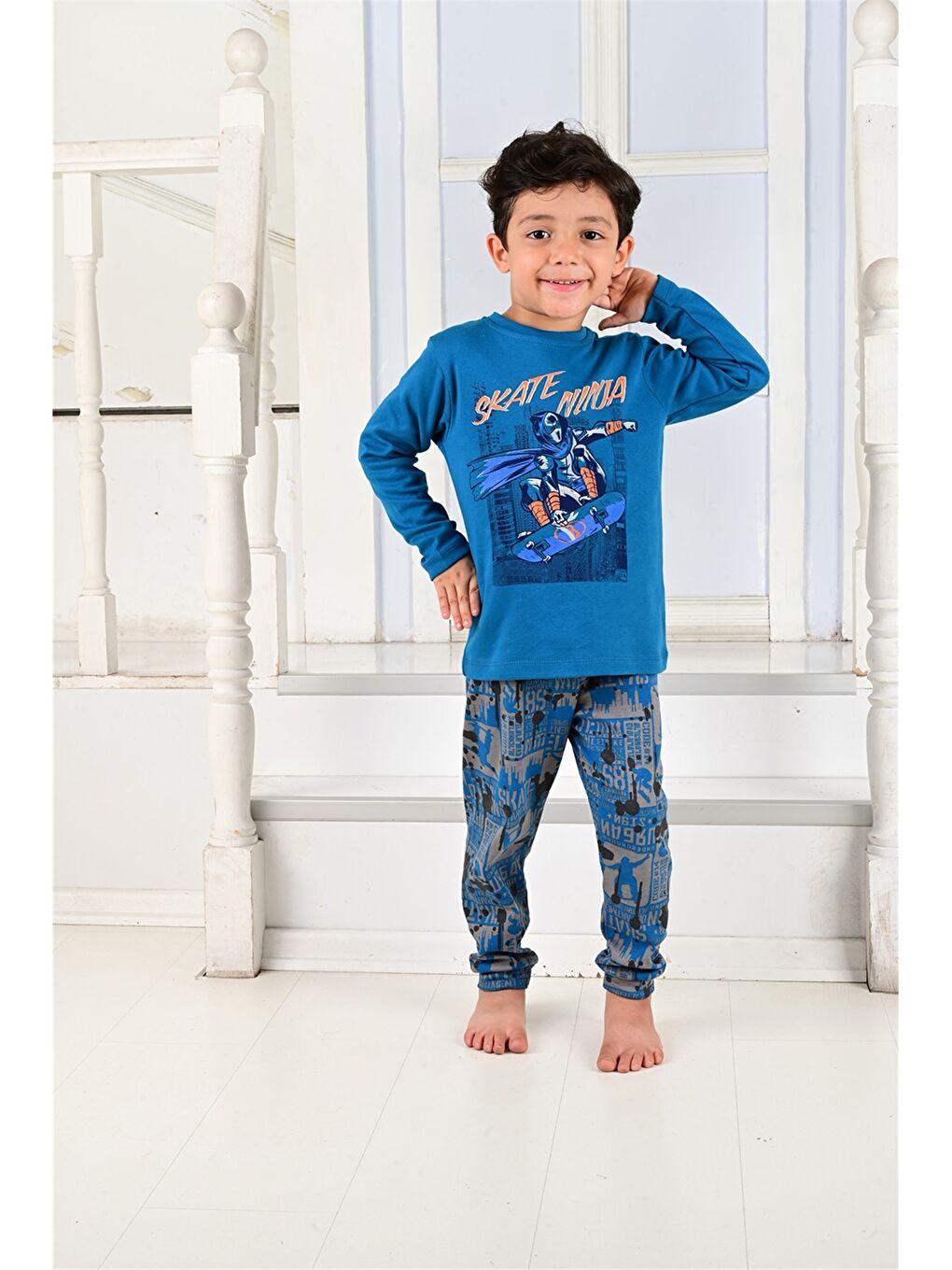 Petrol Bisiklet Yaka Erkek Bebek Pijama Takımı-1