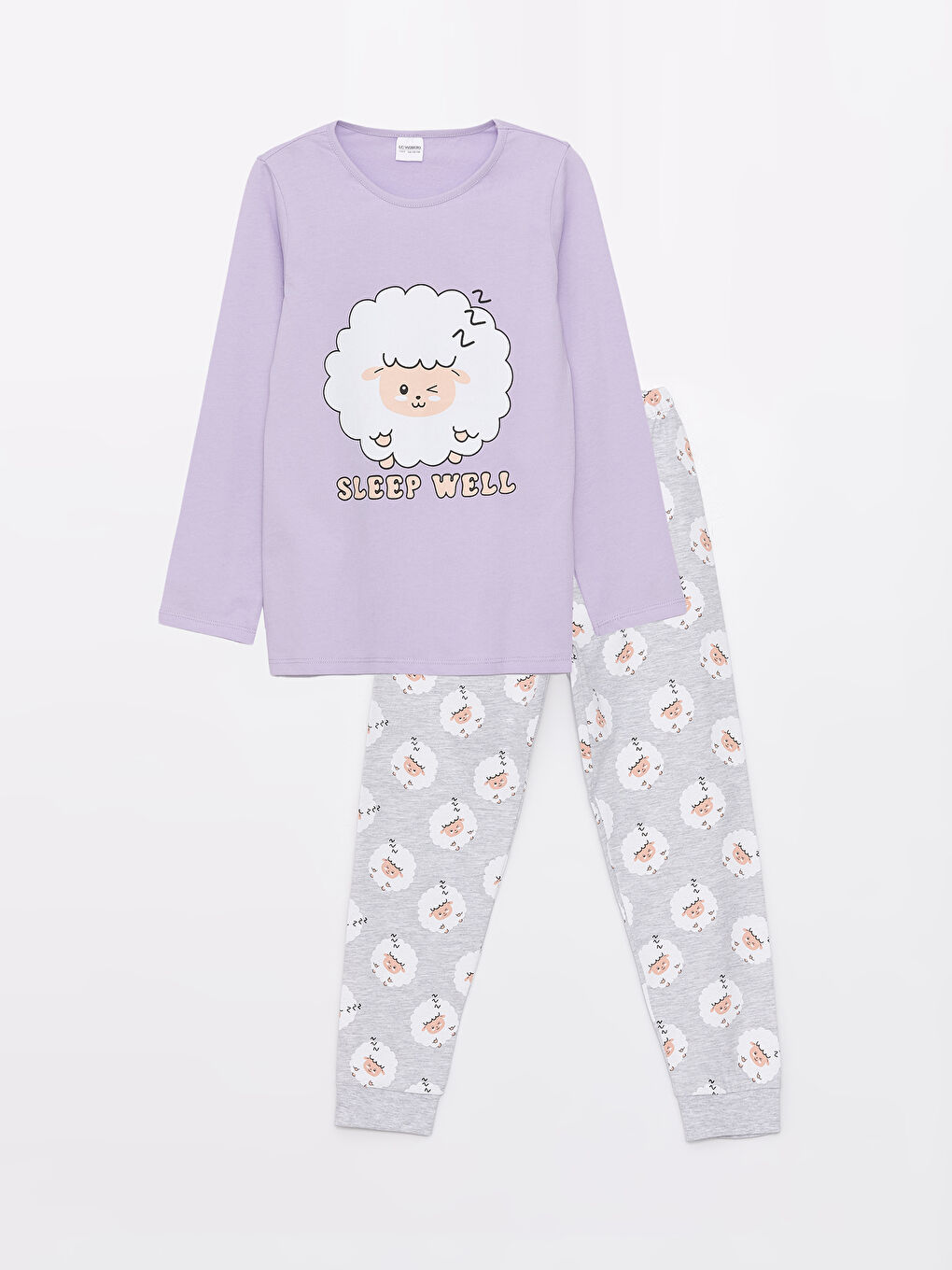 LCW Kids Lila Bisiklet Yaka Baskılı Uzun Kollu Kız Çocuk Pijama Takımı