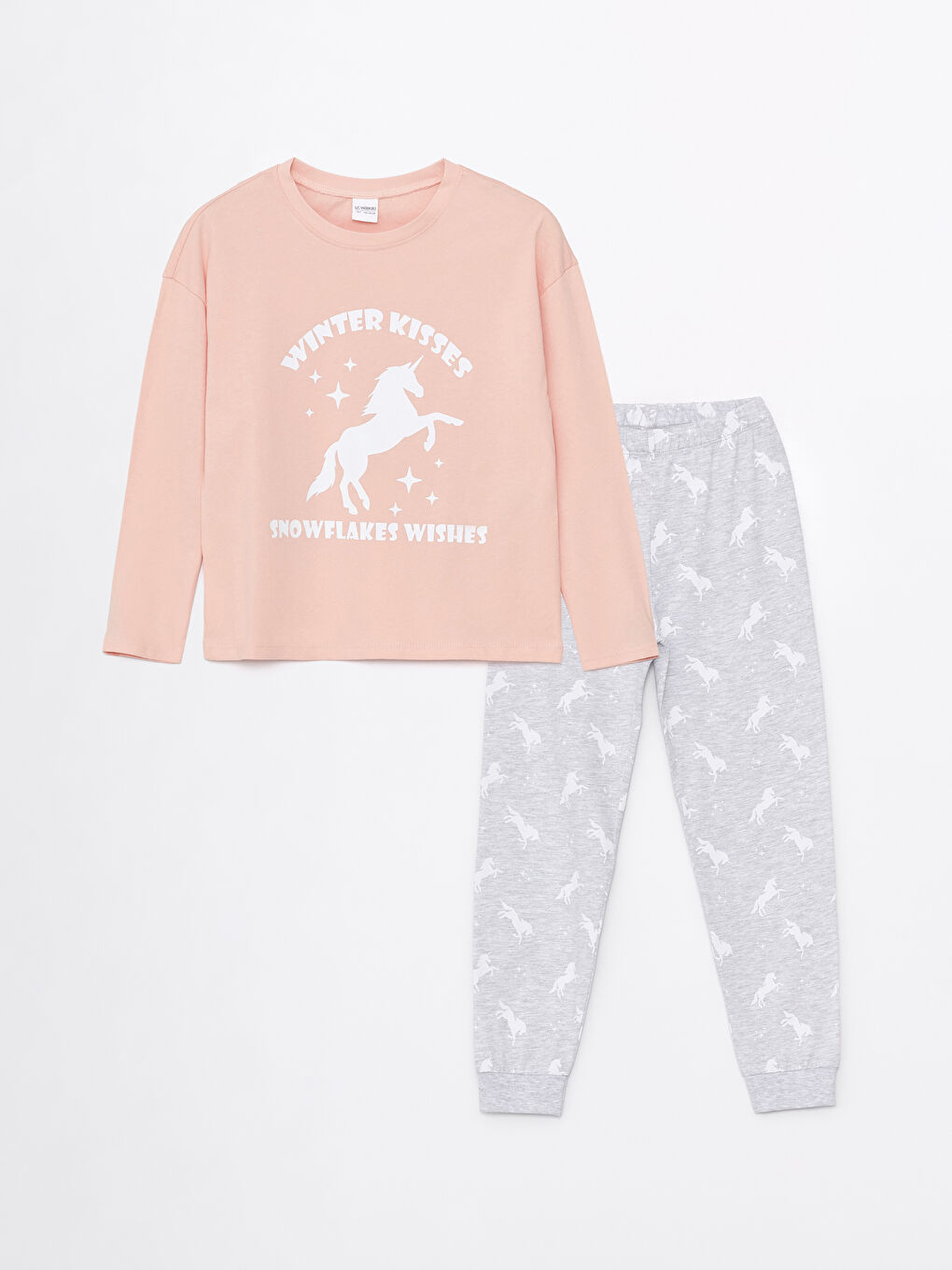 LCW Kids Pembe Bisiklet Yaka Baskılı Uzun Kollu Kız Çocuk Pijama Takımı