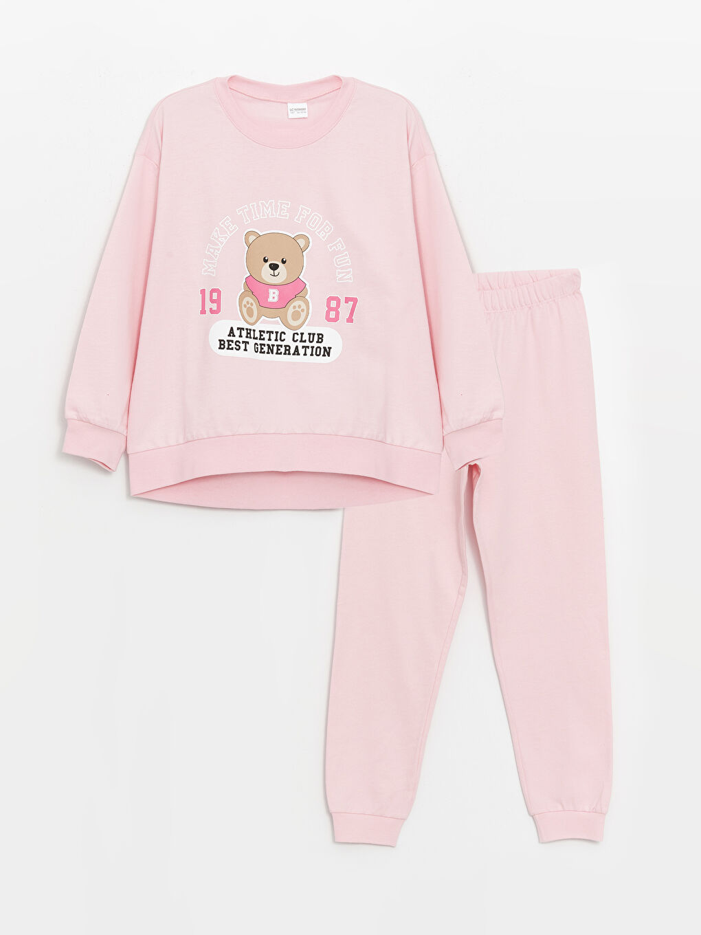 LCW Kids Pembe Bisiklet Yaka Baskılı Uzun Kollu Kız Çocuk Pijama Takımı