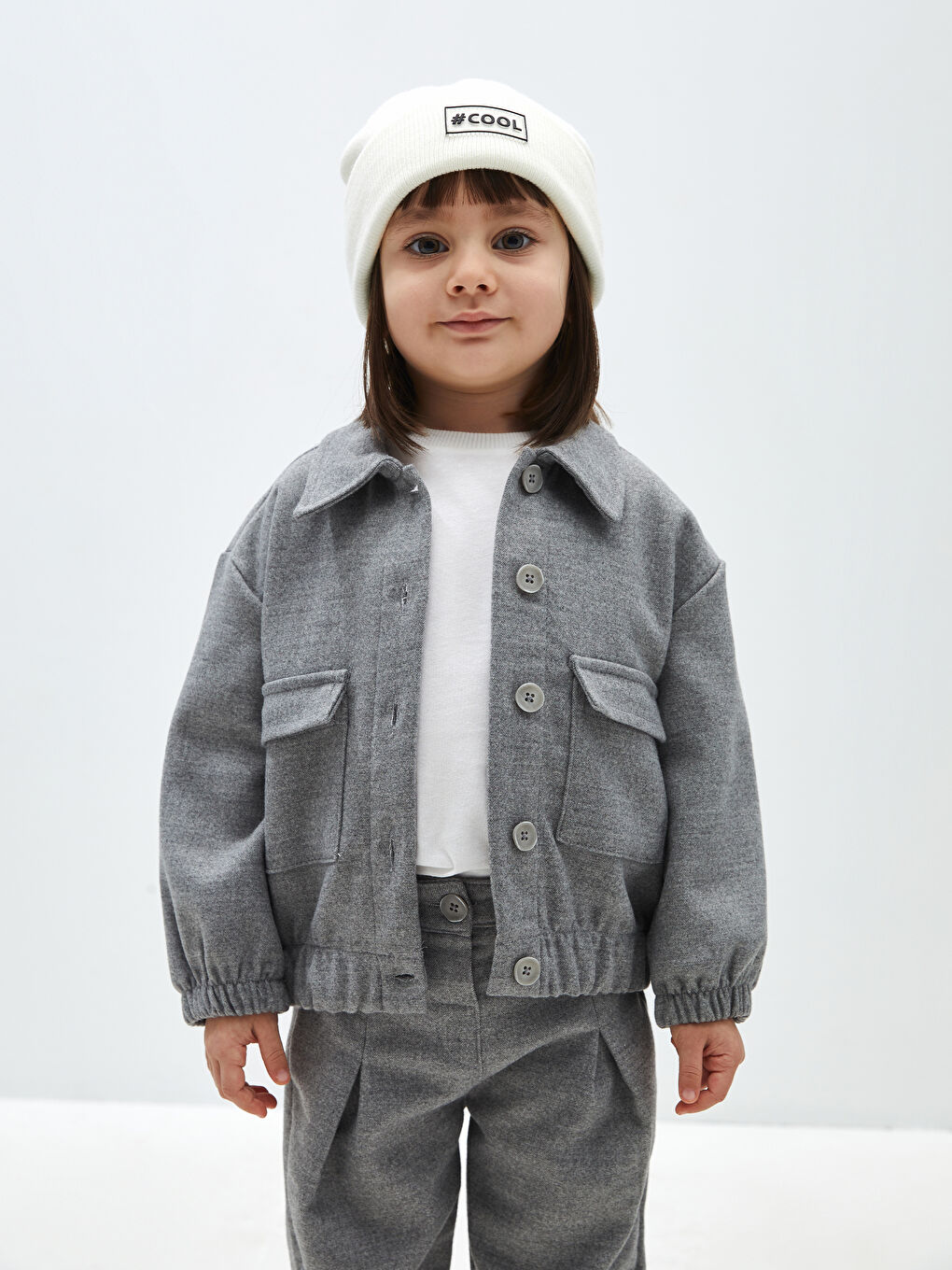 Gri Basic Uzun Kollu Kız Bebek Gömlek Ceket-1