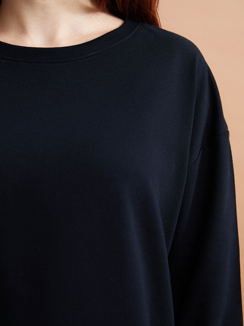 Siyah Petite Bisiklet Yaka Düz Uzun Kollu Kadın Sweatshirt-2