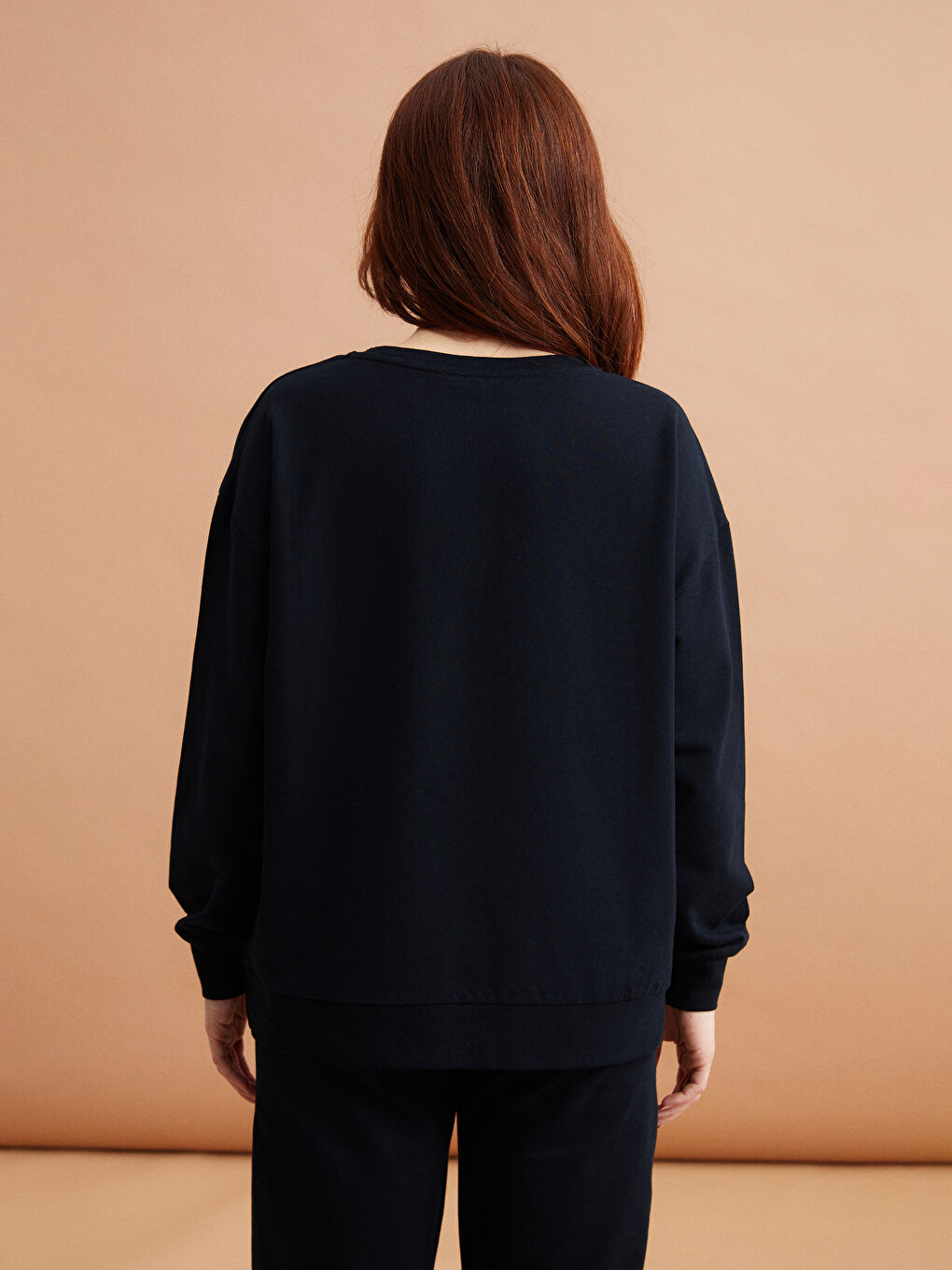 Siyah Petite Bisiklet Yaka Düz Uzun Kollu Kadın Sweatshirt-3