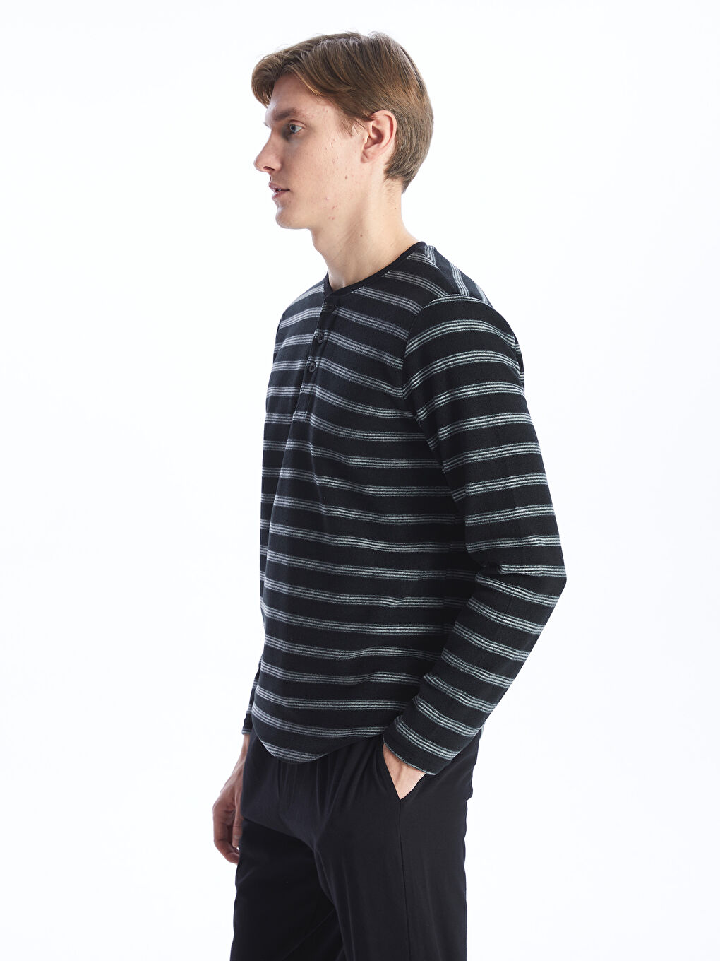 Siyah Bisiklet Yaka Uzun Kollu Erkek Pijama Üst