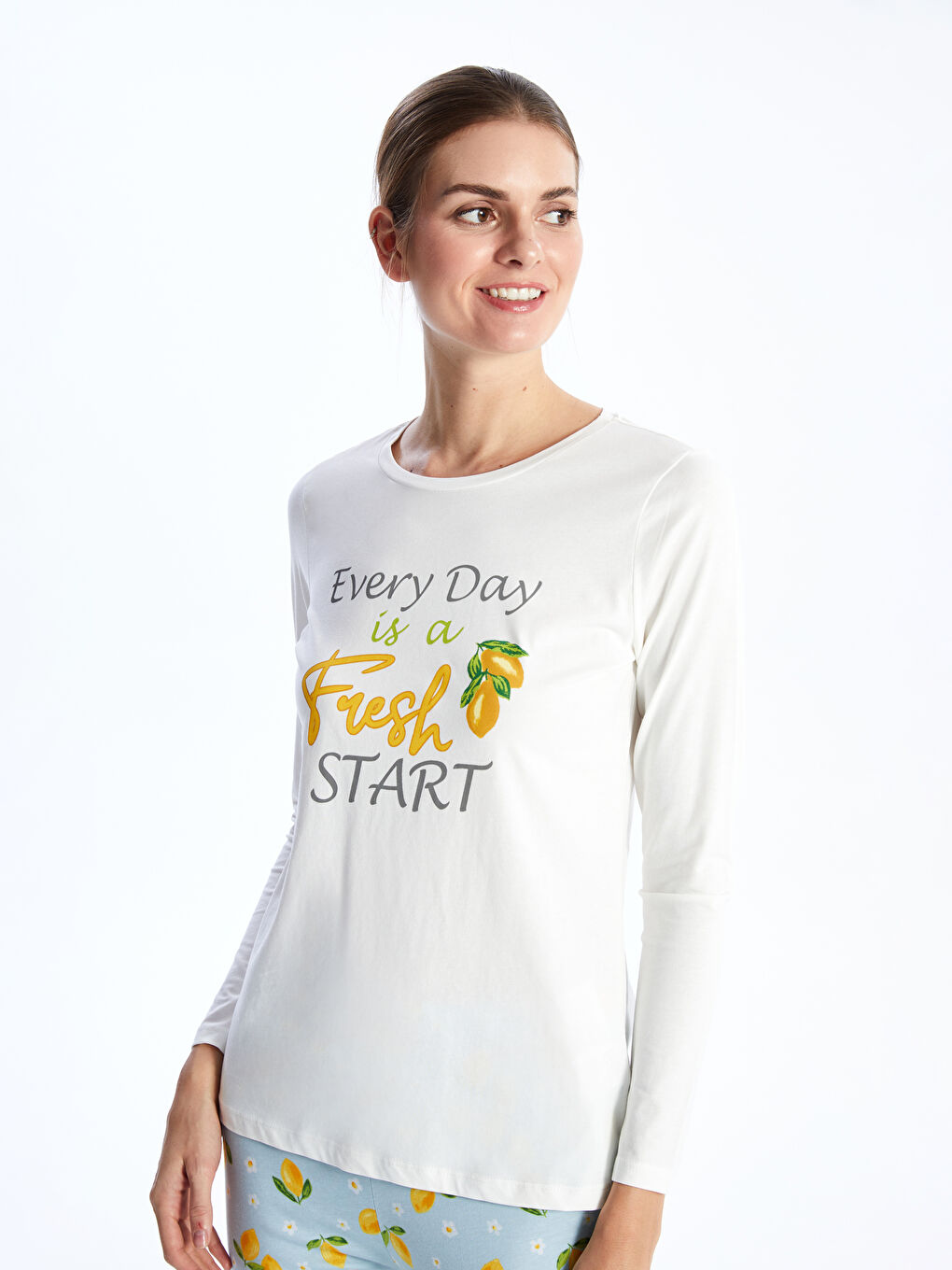 Mavi Bisiklet Yaka Baskılı Uzun Kollu Kadın Pijama Takımı