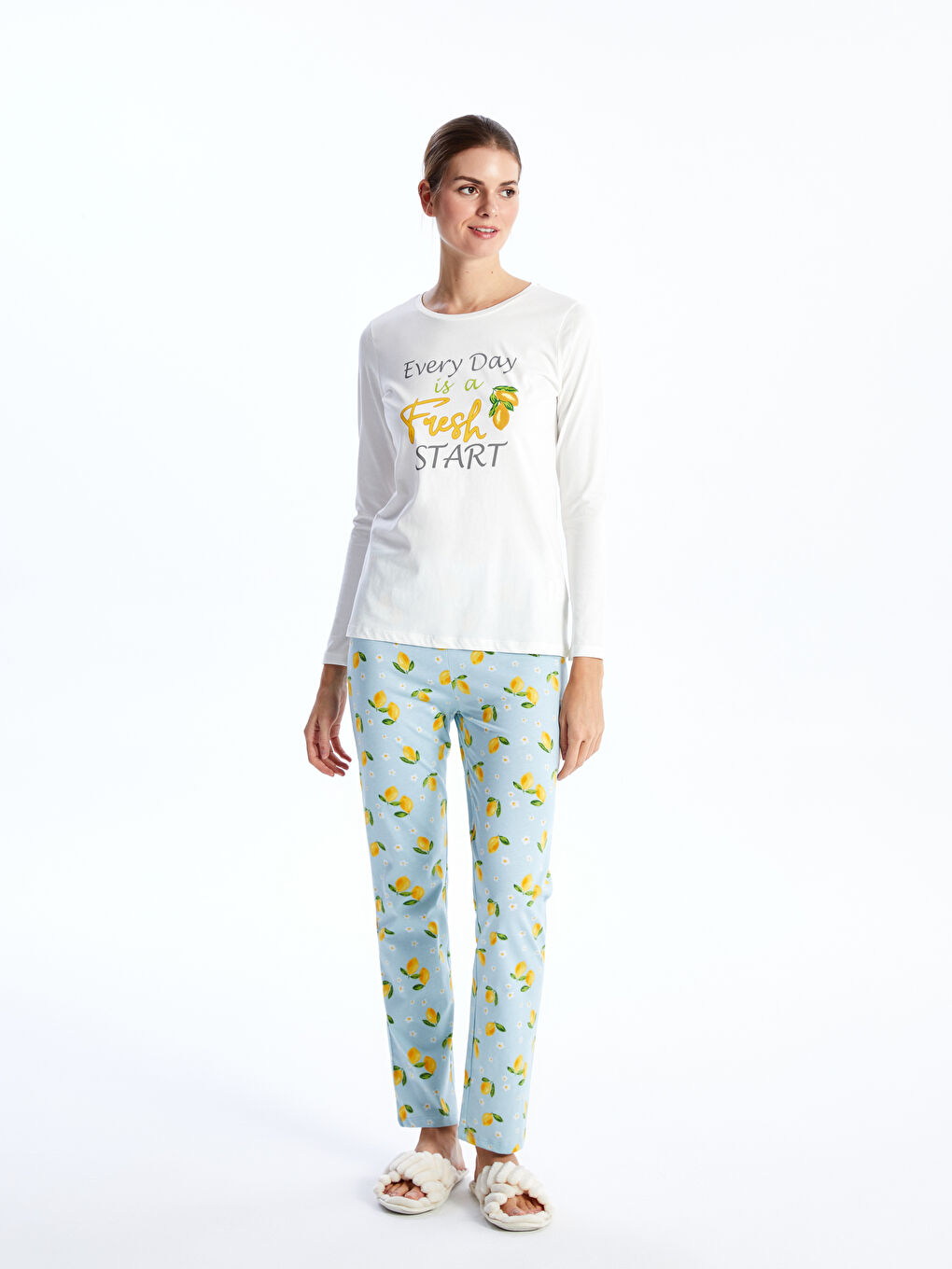 Mavi Bisiklet Yaka Baskılı Uzun Kollu Kadın Pijama Takımı-1