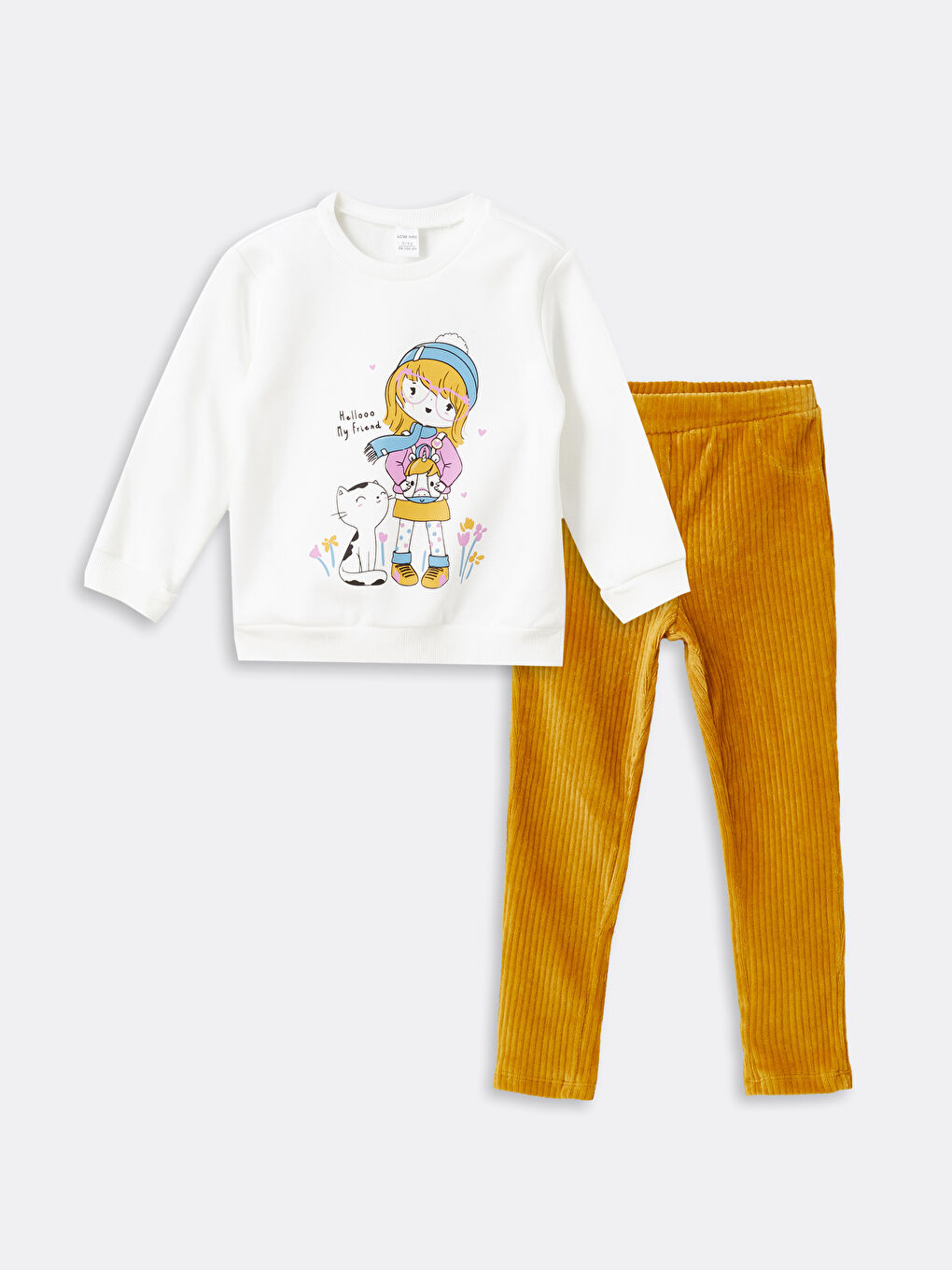 LCW baby Ekru Bisiklet Yaka Uzun Kollu Baskılı Kız Bebek Sweatshirt ve Tayt 2'li Takım