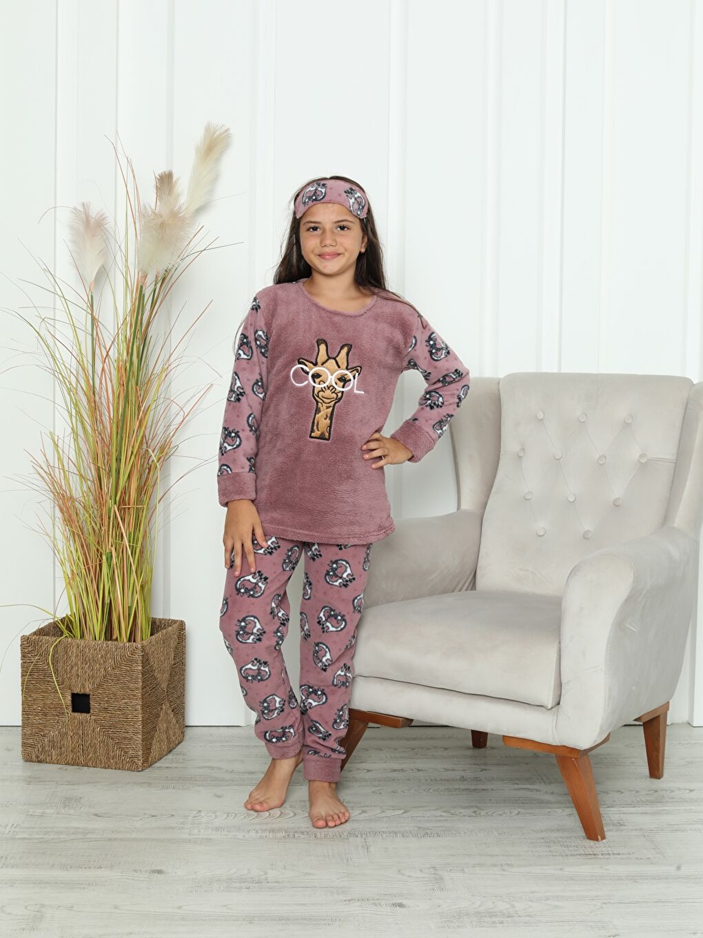 Güneş Kids Koyu Mor Bisiklet Yaka Baskılı Uzun Kollu Kız Çocuk Pijama Takımı